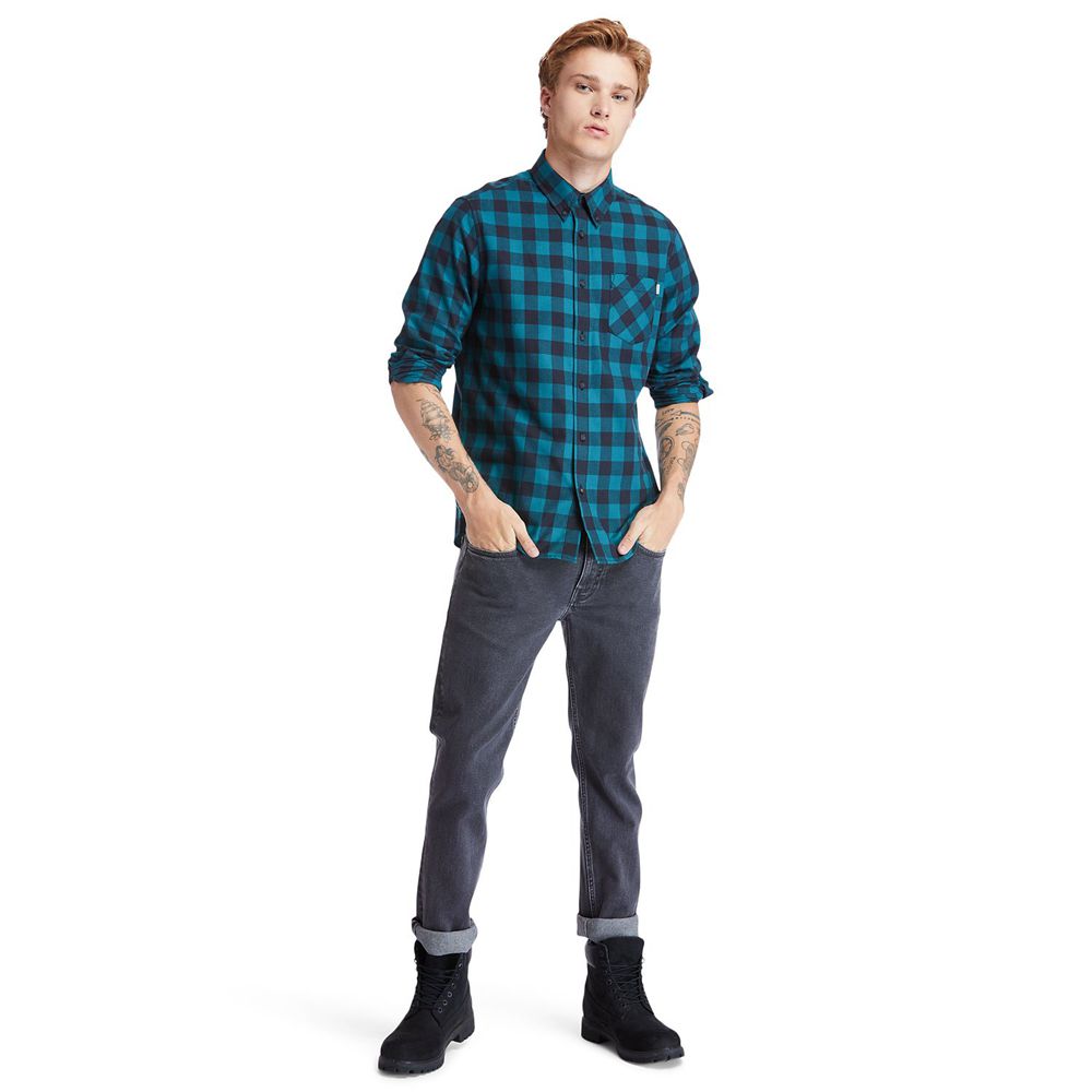 Camisa Timberland Hombre Nashua River Long-Sleeve Flannel Check Azules/Negras - Chile YOL-350198